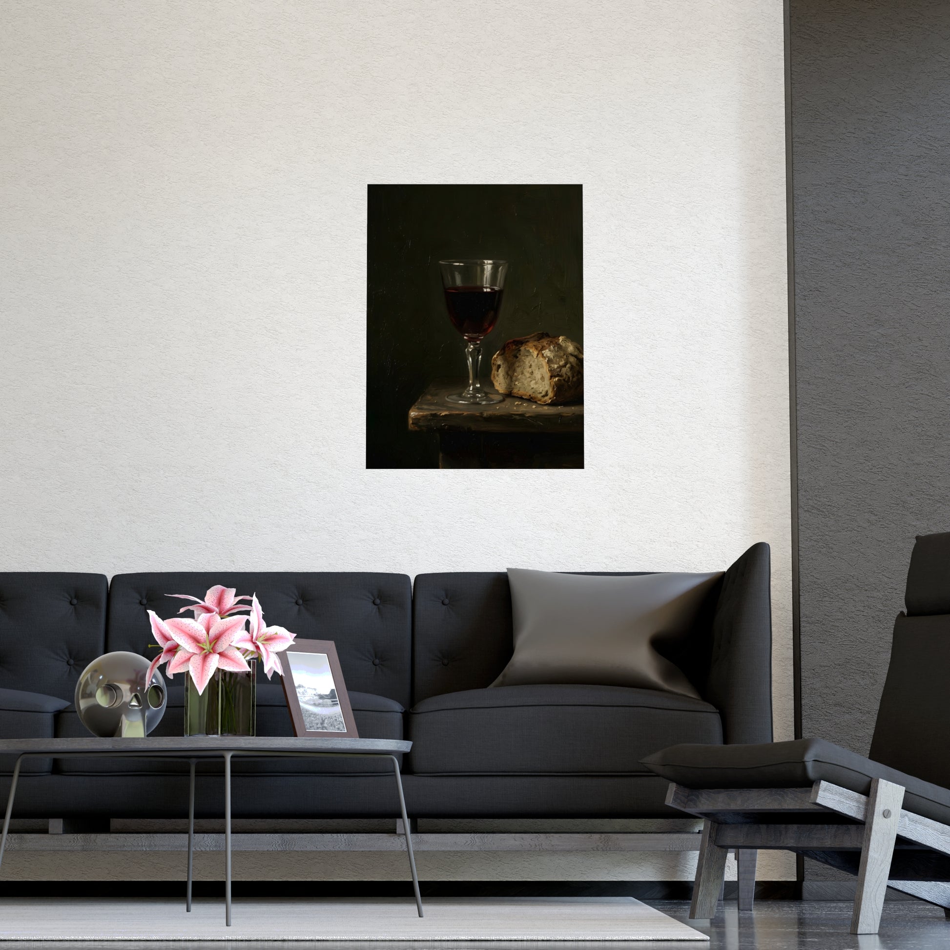 Wine and Bread on a living room wall beside a tall vase, 20x30 in print