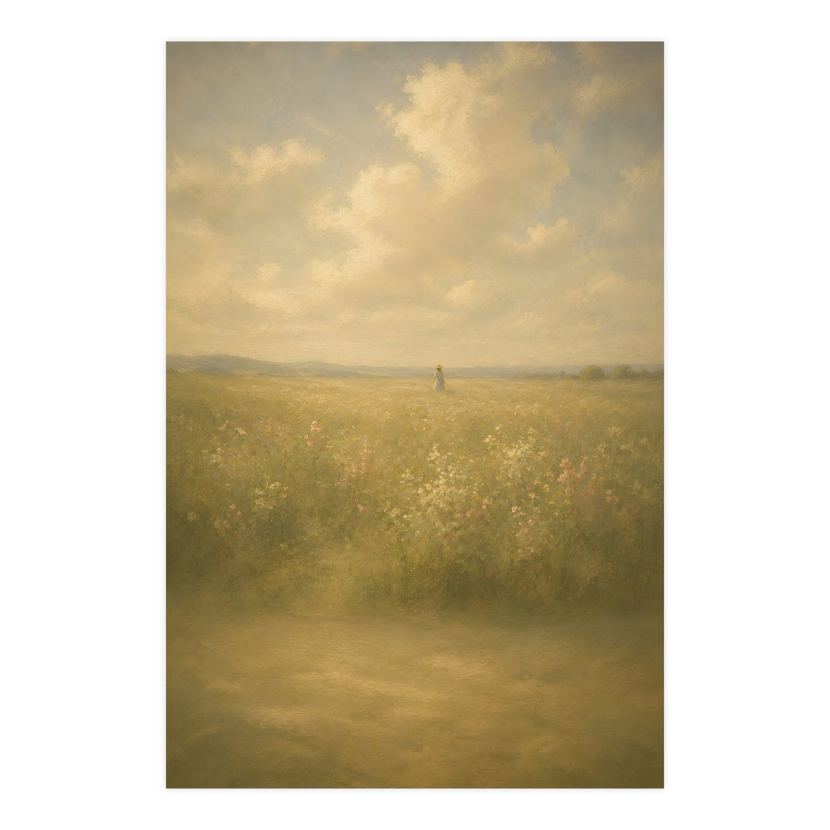 Small in the Field — a single figure very small and far off in a wide wildflower field under a wide summer sky, 24x36 in prin