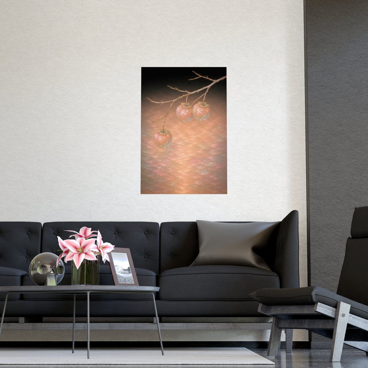 Persimmons on a Bare Branch — persimmons on a bare branch, shown framed on a wall