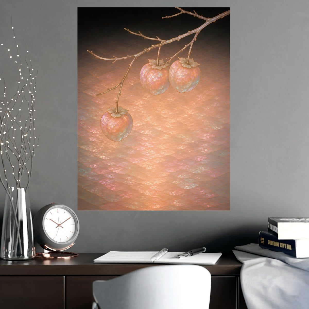 Persimmons on a Bare Branch — persimmons on a bare branch, shown framed on a wall