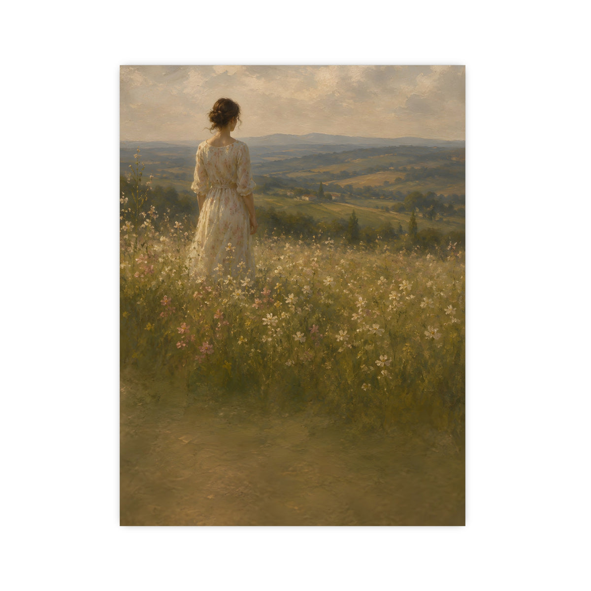 Looking to the Hills — a woman at the edge of a wildflower field looking toward distant hills, 12x16 in print