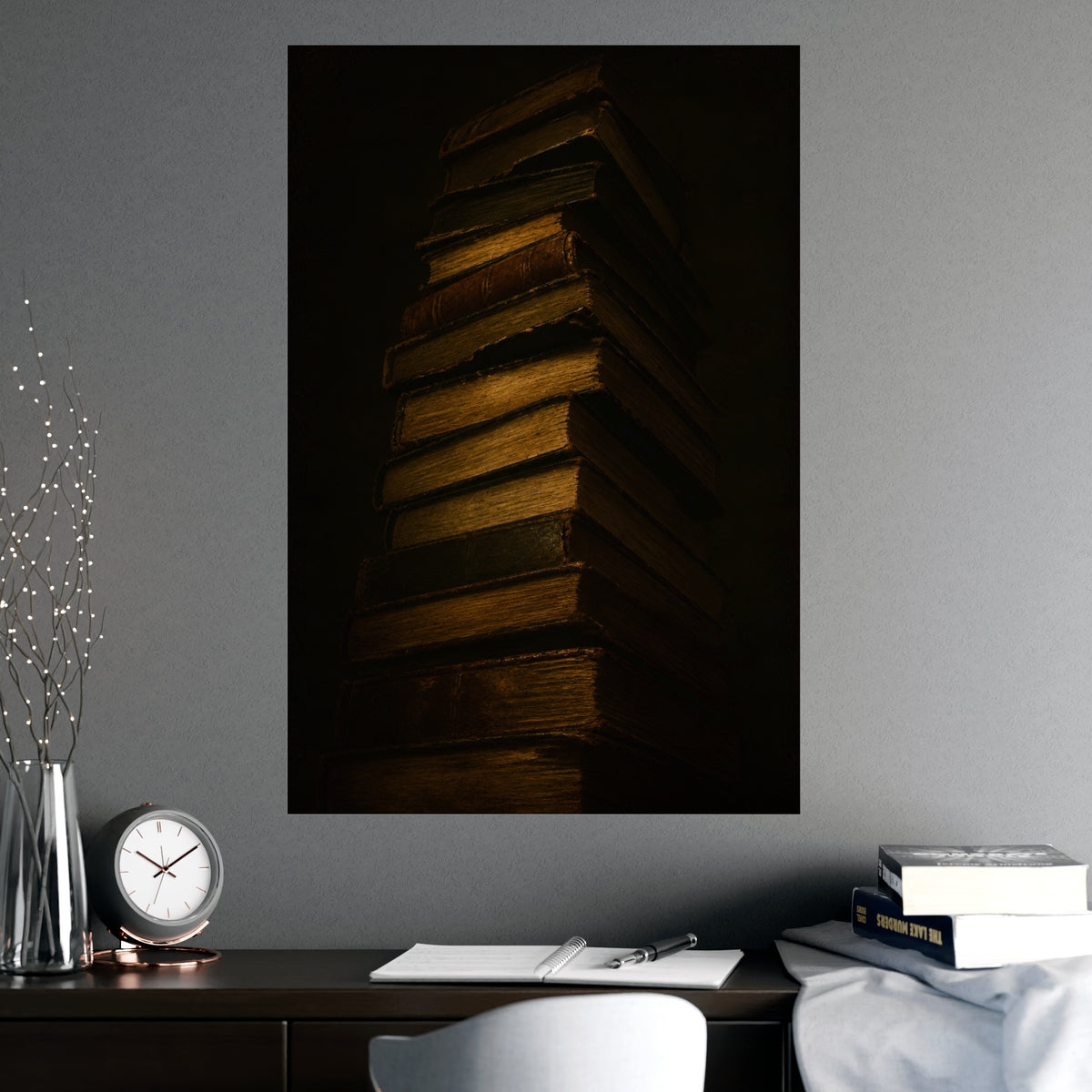 Books, Stacked — books, stacked, shown framed on a wall
