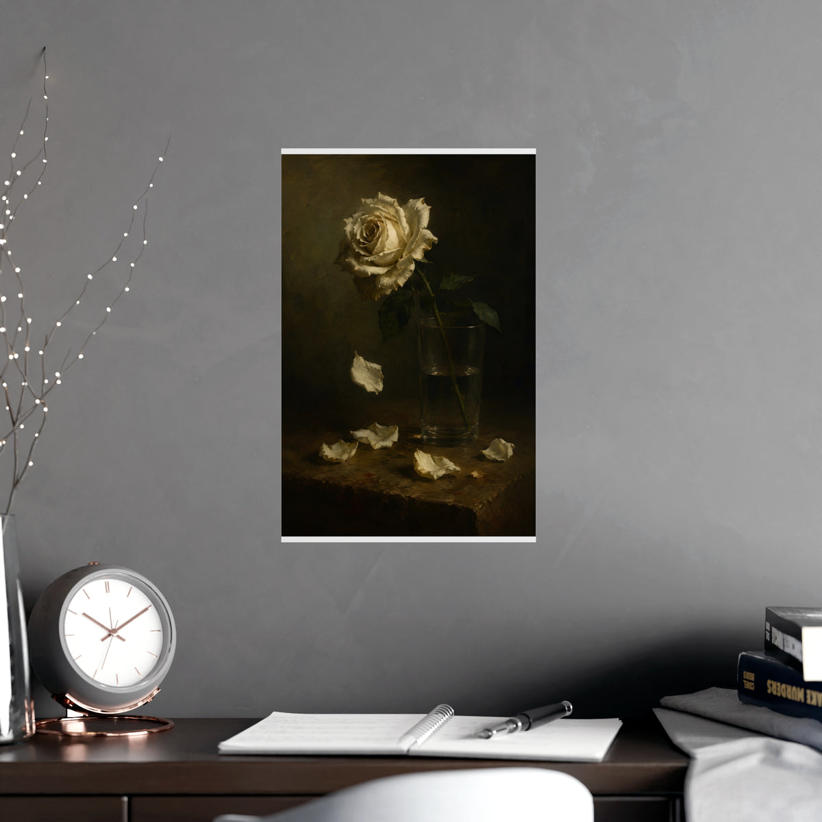 White Rose, Falling — white rose, falling, shown framed on a wall