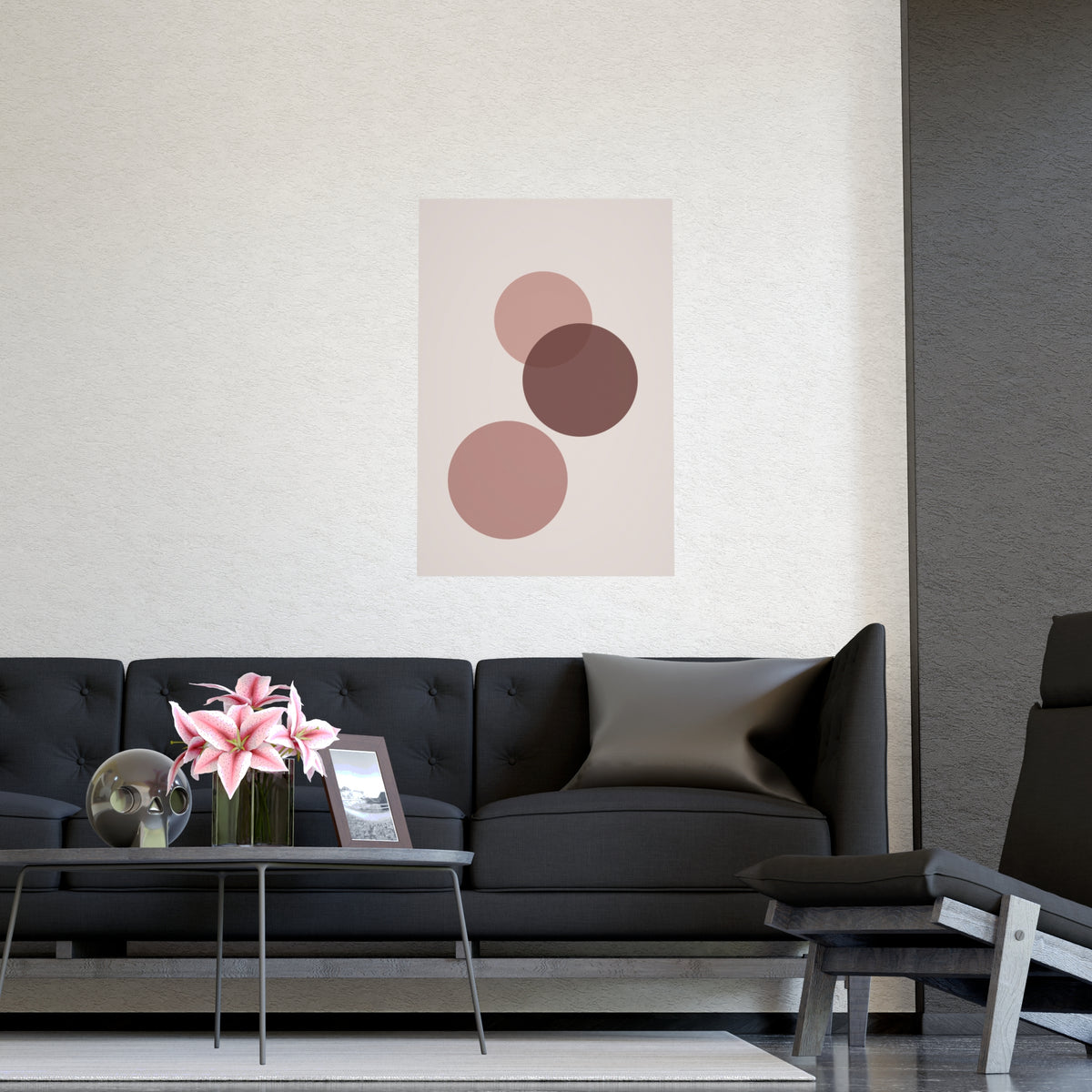 Dusty Rose Circles Modern Wall Art — circles in a dusty rose palette, shown framed on a wall