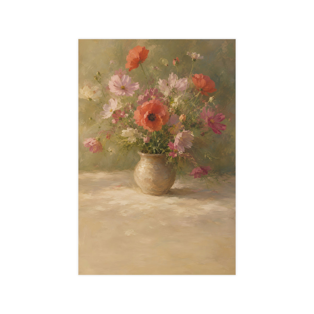 Poppy and Cosmos Bouquet — a loose bouquet of poppies and cosmos in an earthenware vase, 12x18 in print