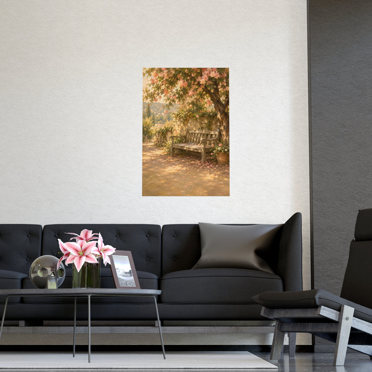 Bench Under Blossom — a weathered wooden bench under a flowering tree in a quiet garden, shown framed on a wall