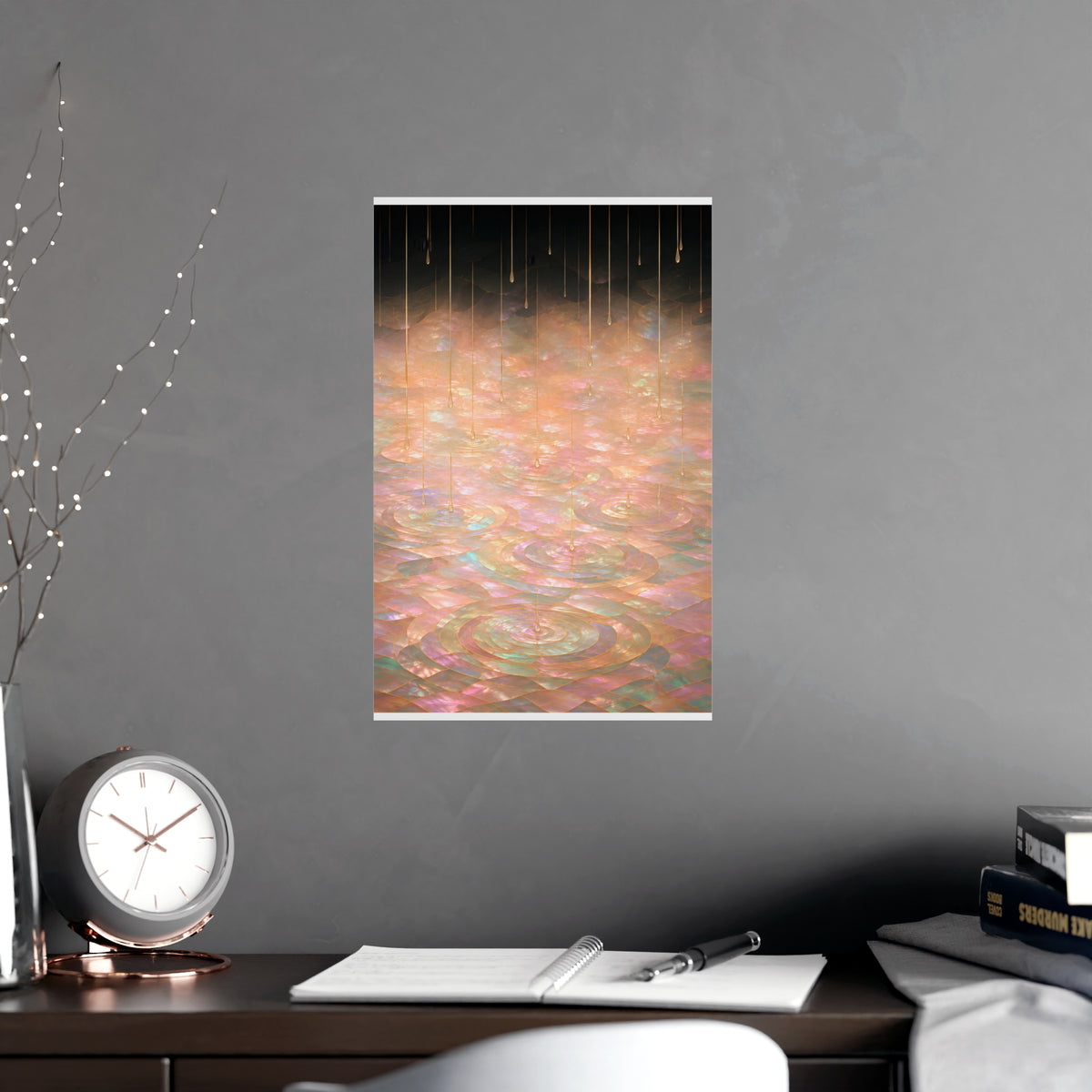 Rain on Still Water — rain on still water, shown framed on a wall