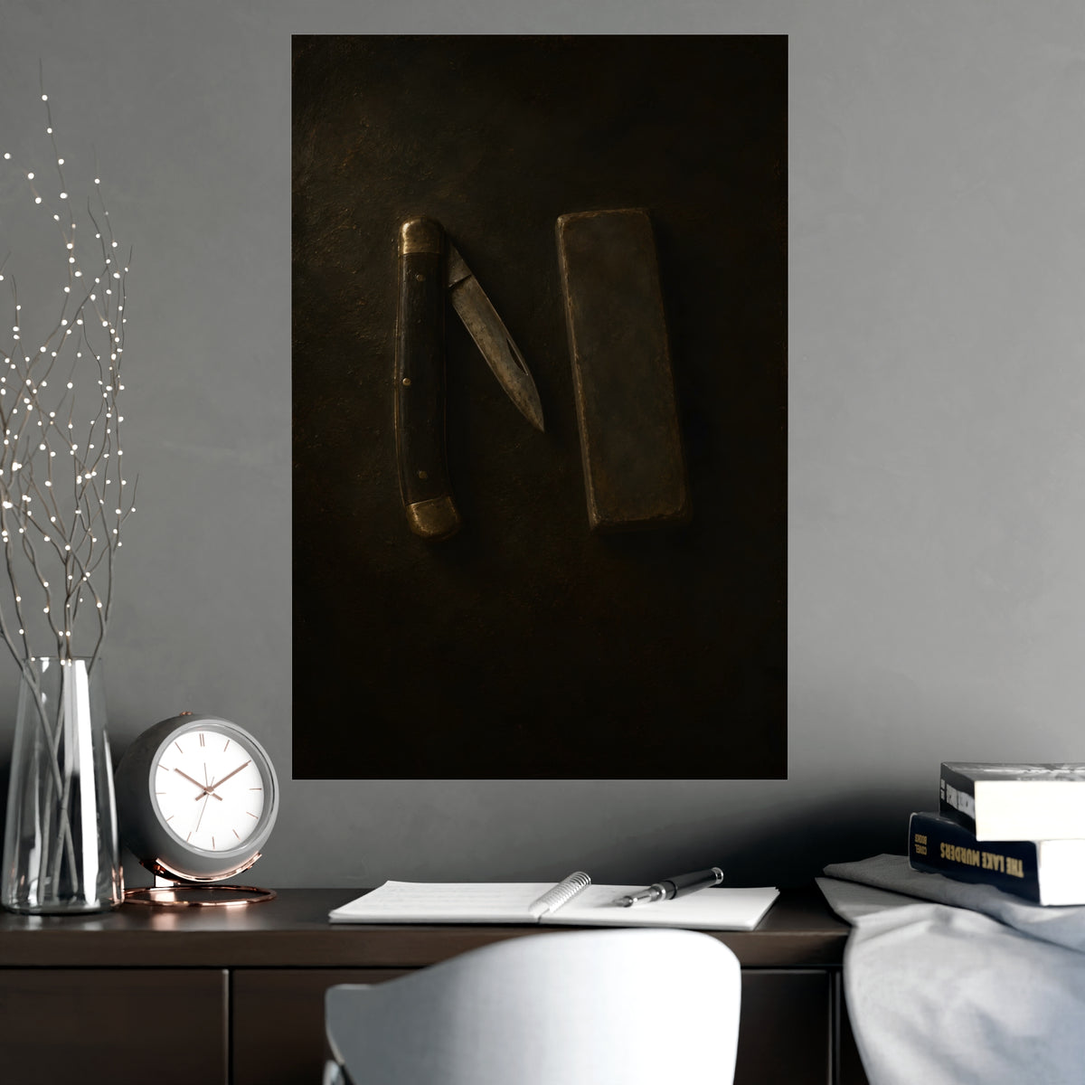 Knife and Whetstone — knife and whetstone, shown framed on a wall