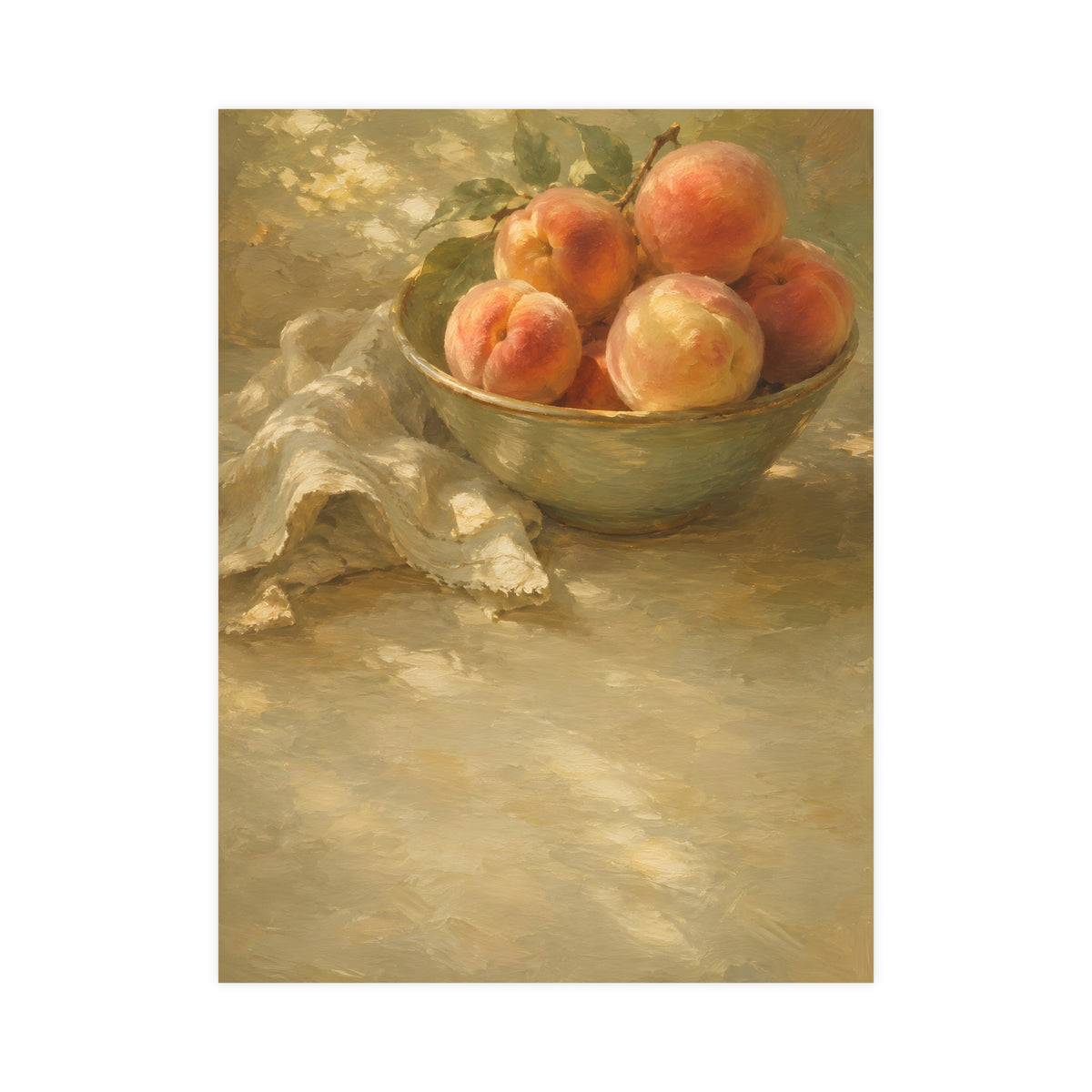 Bowl of Peaches — a bowl of ripe peaches and a folded linen napkin on a sunlit table, 18x24 in print