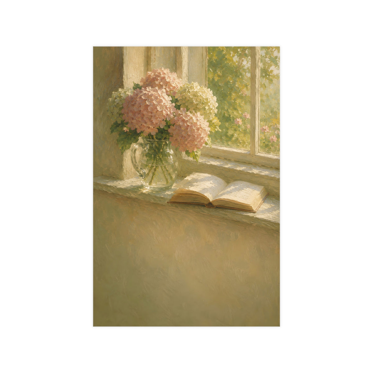 Hydrangeas and a Book — hydrangeas in a glass jug beside an open book on a sunlit windowsill, 12x18 in print