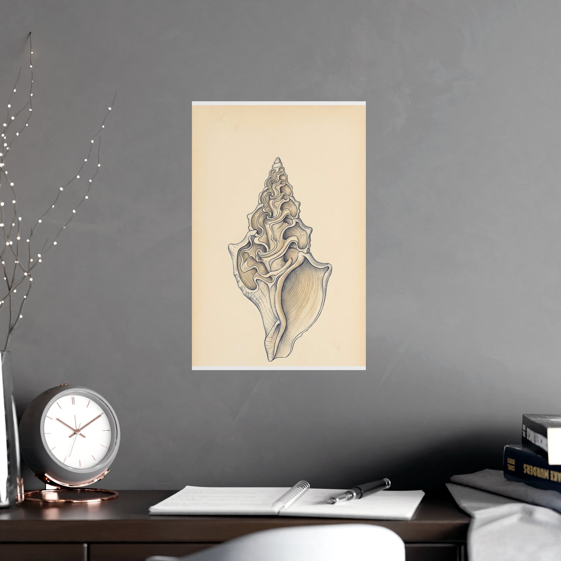 Conch Shell hung above a desk with a clock and notebook, 11x17 in print