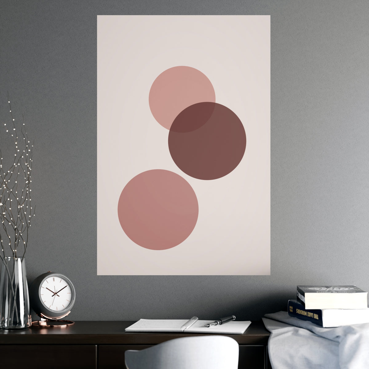 Dusty Rose Circles Modern Wall Art — circles in a dusty rose palette, shown framed on a wall