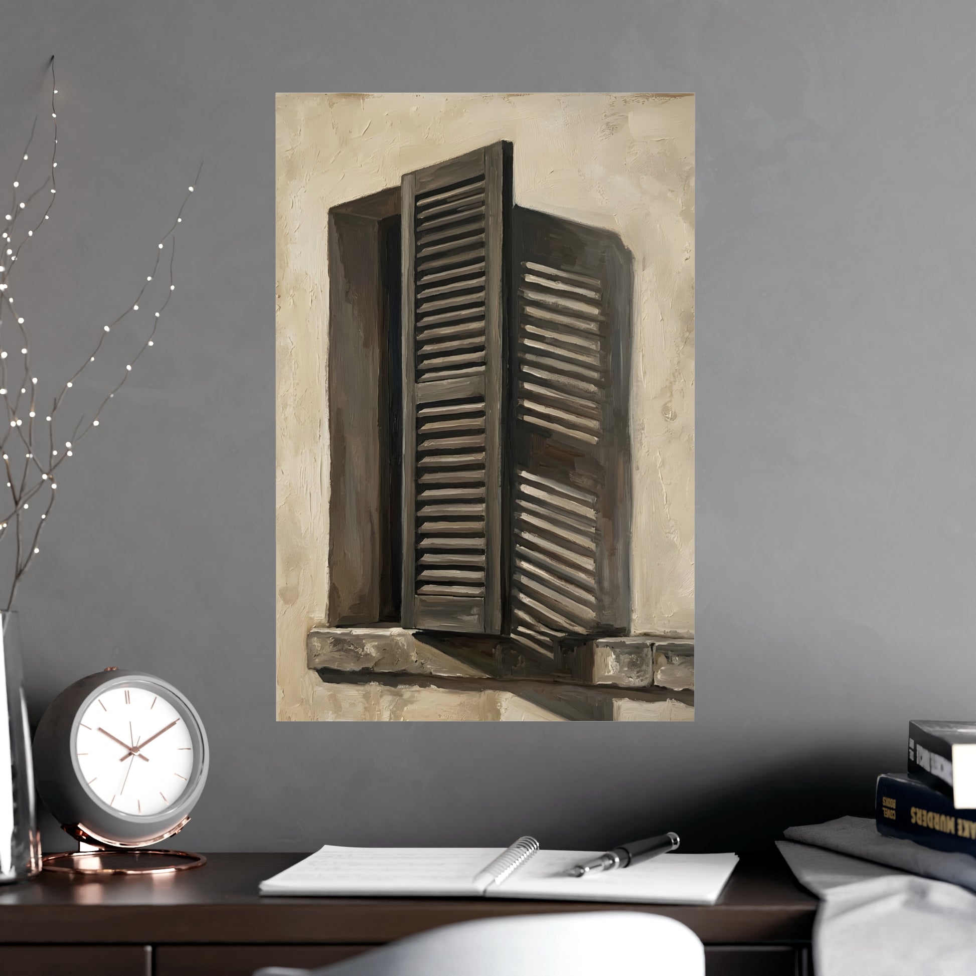 Shutters, Half Closed on a plain wall, shown at a larger size, 18x24 in print