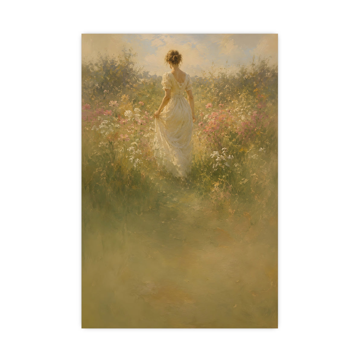 Meadow Walk — a woman walking through a summer meadow of wildflowers, 16x24 in print