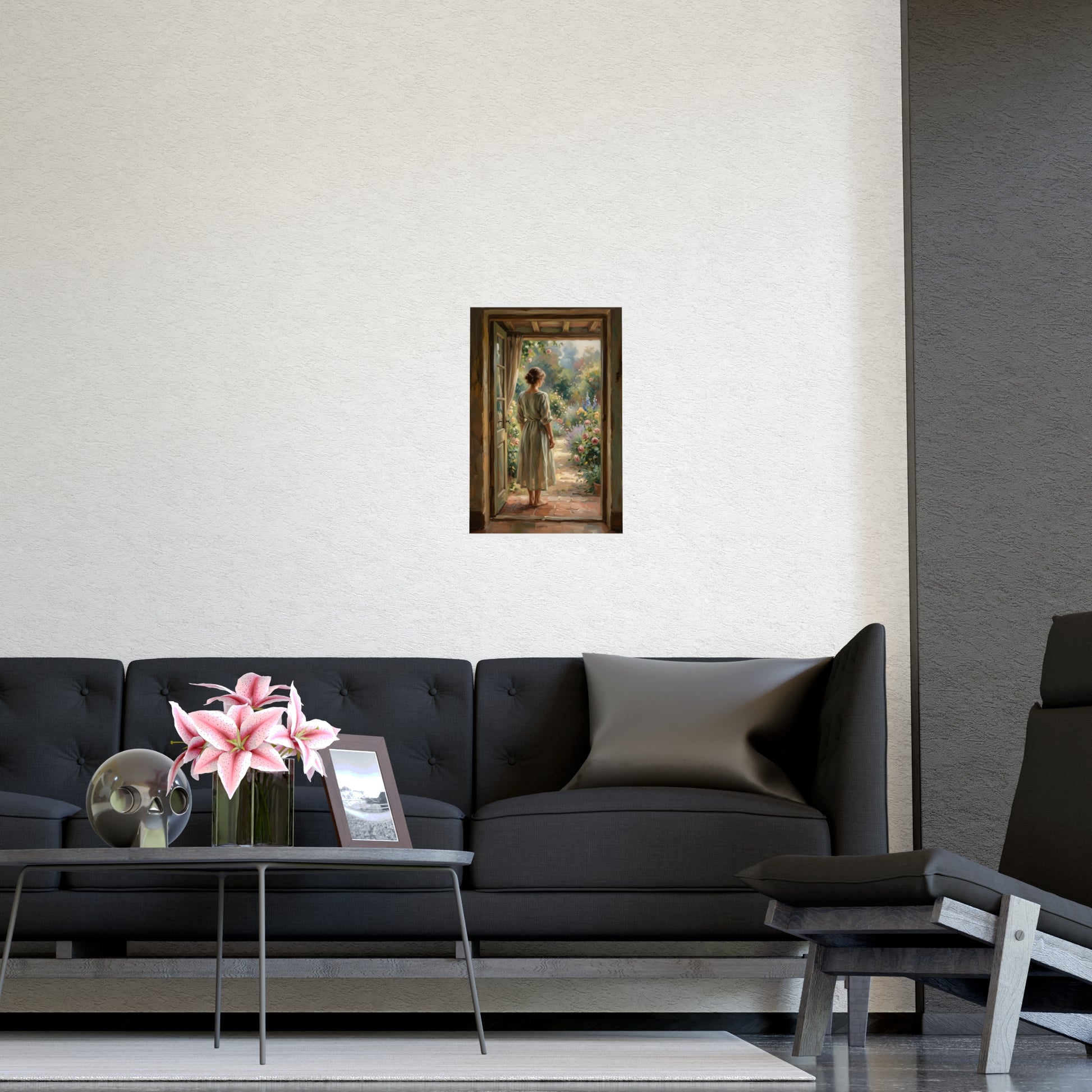 Doorway to the Garden hung above a sofa with a side table and lilies, 12x16 in print