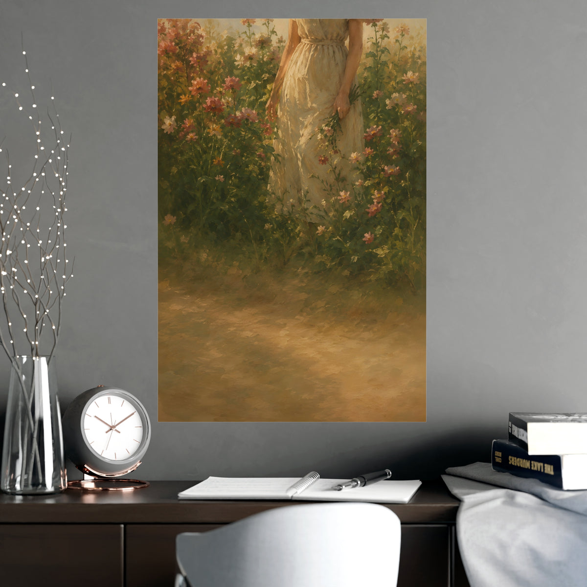 In the Tall Flowers — a woman in a linen dress standing among tall summer flowers, the top of the frame cutting her off at th