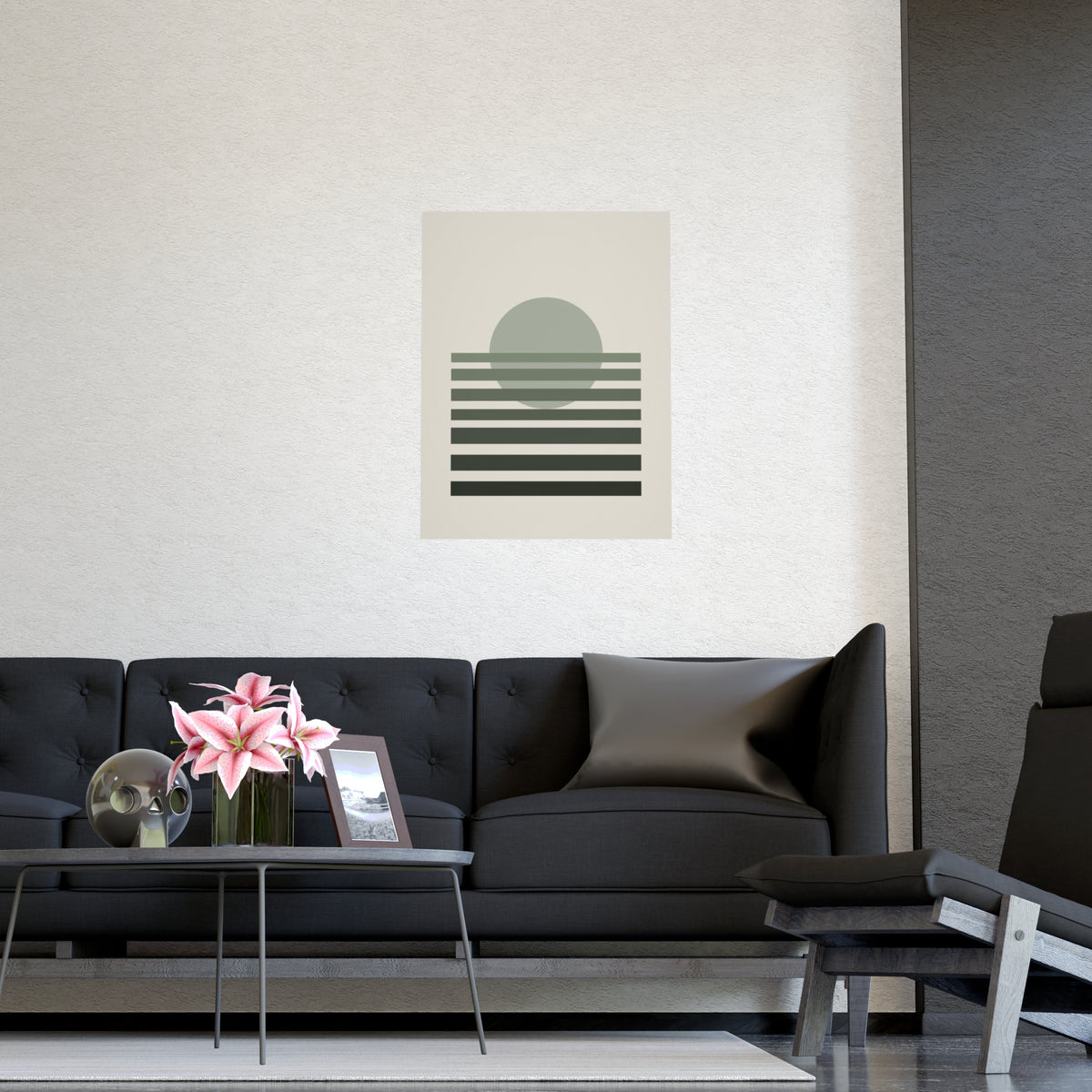 Sage Neutral Sunset Boho Wall Art — sunset in a sage neutral palette, shown framed on a wall