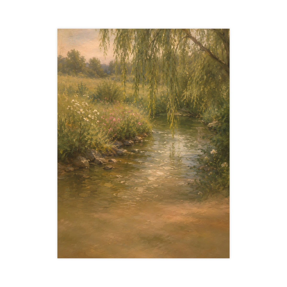 Willow Stream — a shallow stream winding through a meadow with willow branches trailing over the water, 18x24 in print