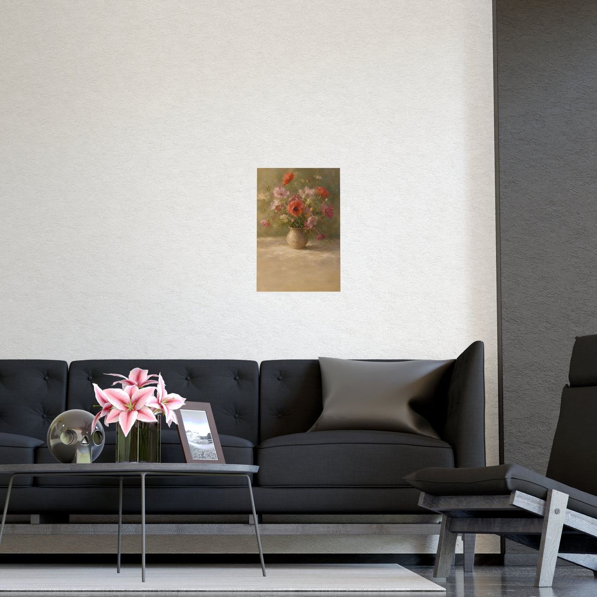 Poppy and Cosmos Bouquet — a loose bouquet of poppies and cosmos in an earthenware vase, shown framed on a wall