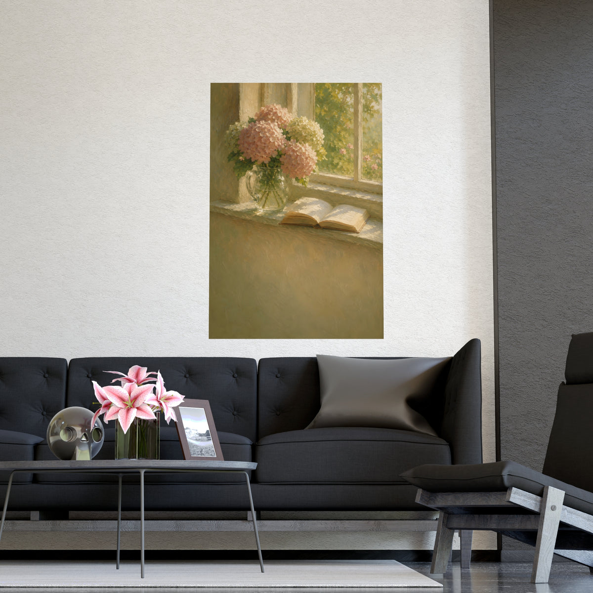 Hydrangeas and a Book — hydrangeas in a glass jug beside an open book on a sunlit windowsill, shown framed on a wall