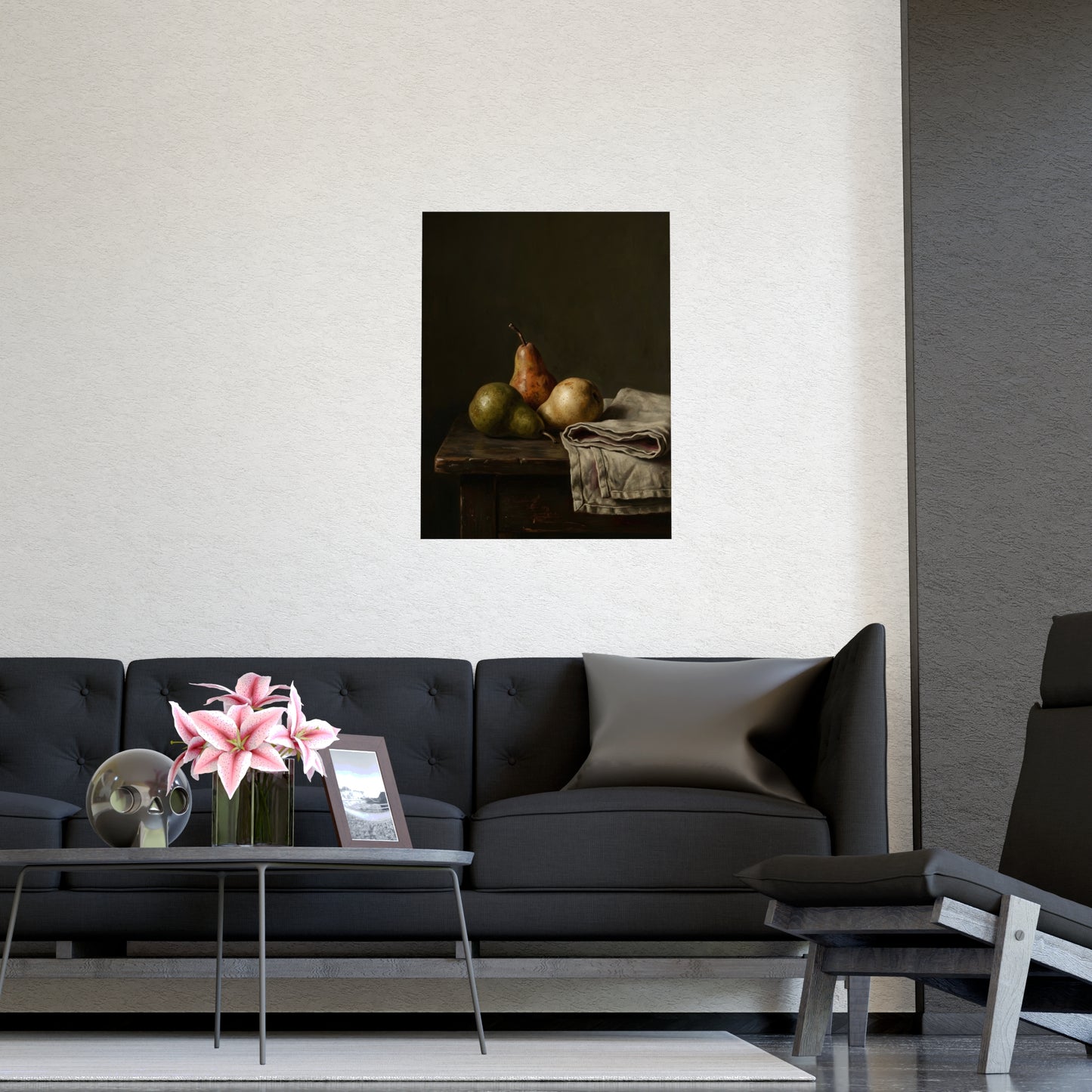 Three Pears hung on a grey wall above a dark sofa, 20x30 in print