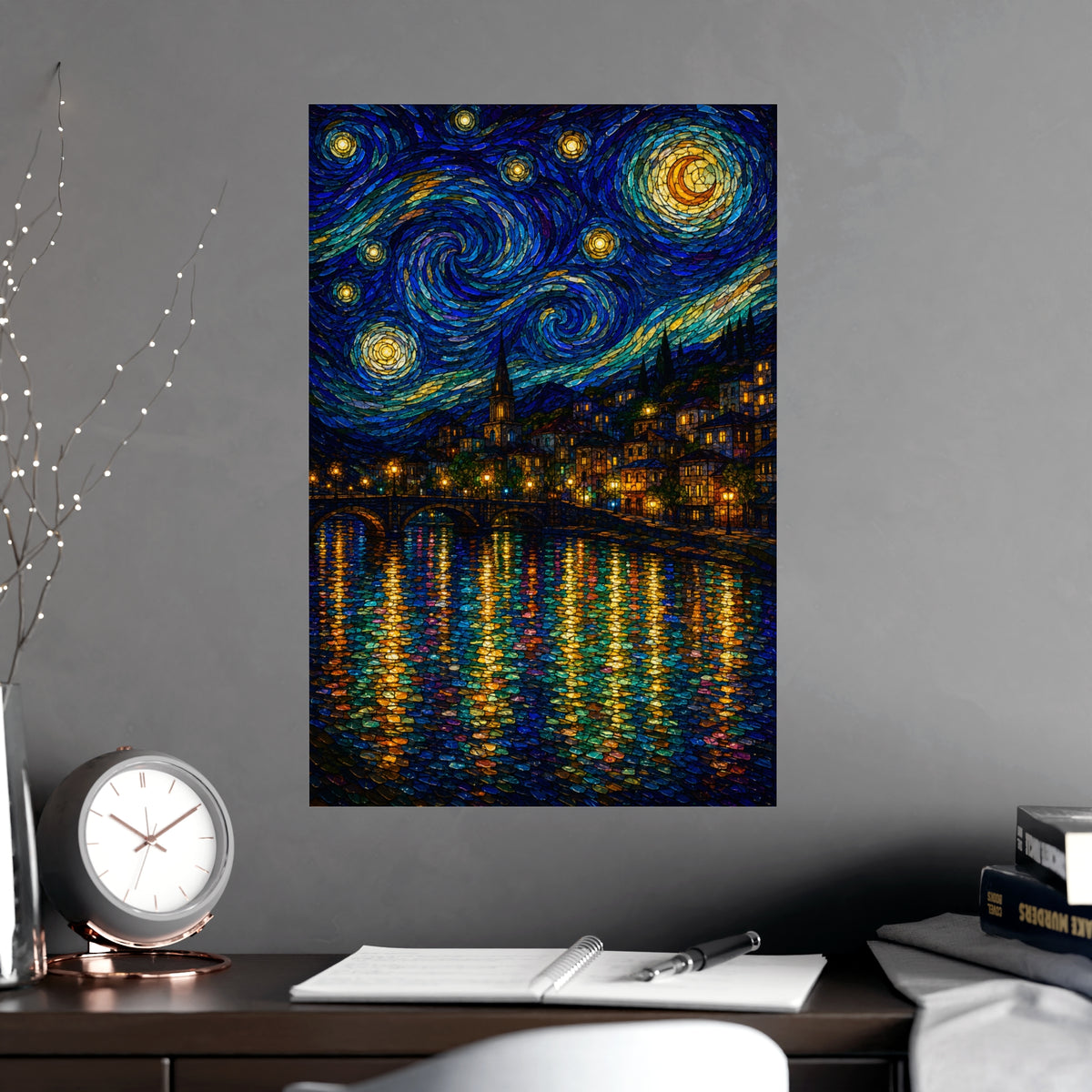 River Town at Night — river town at night, shown framed on a wall