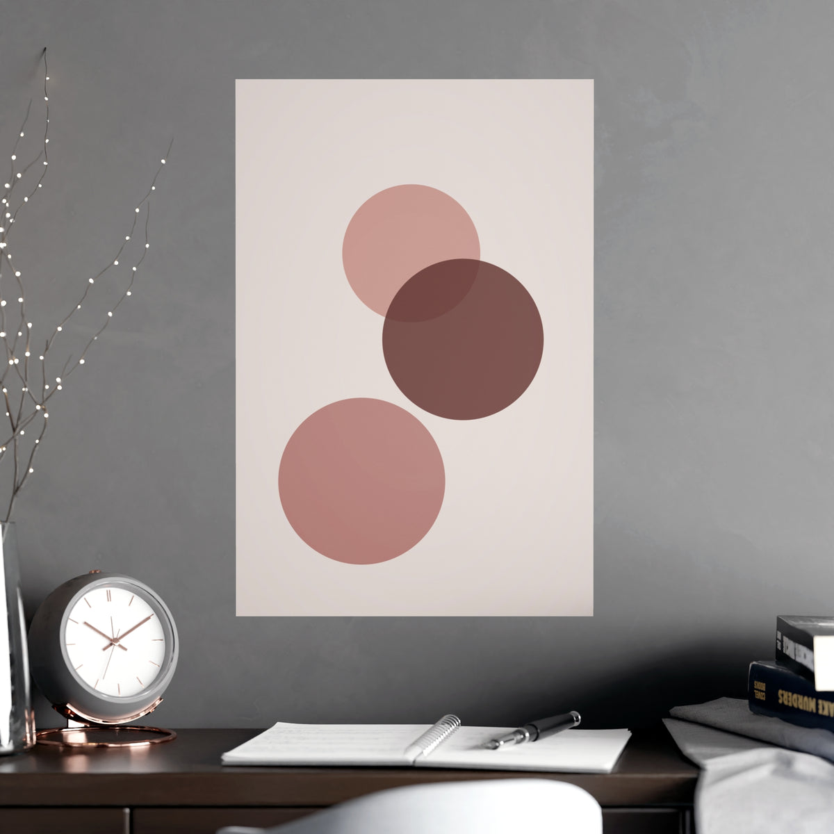 Dusty Rose Circles Modern Wall Art — circles in a dusty rose palette, shown framed on a wall