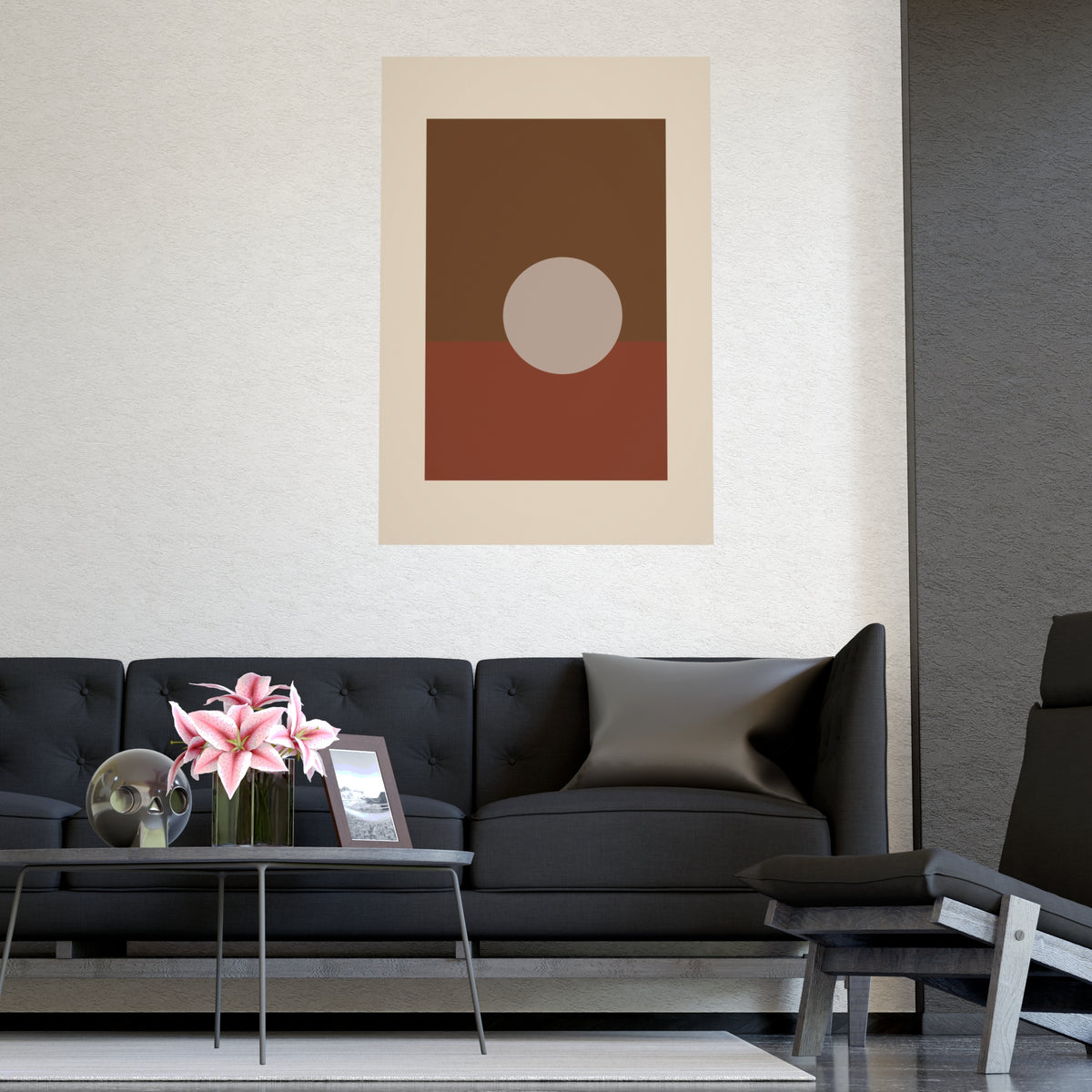 Muted 70s Sun Landscape Wall Art — sun landscape in a muted 70s palette, shown framed on a wall