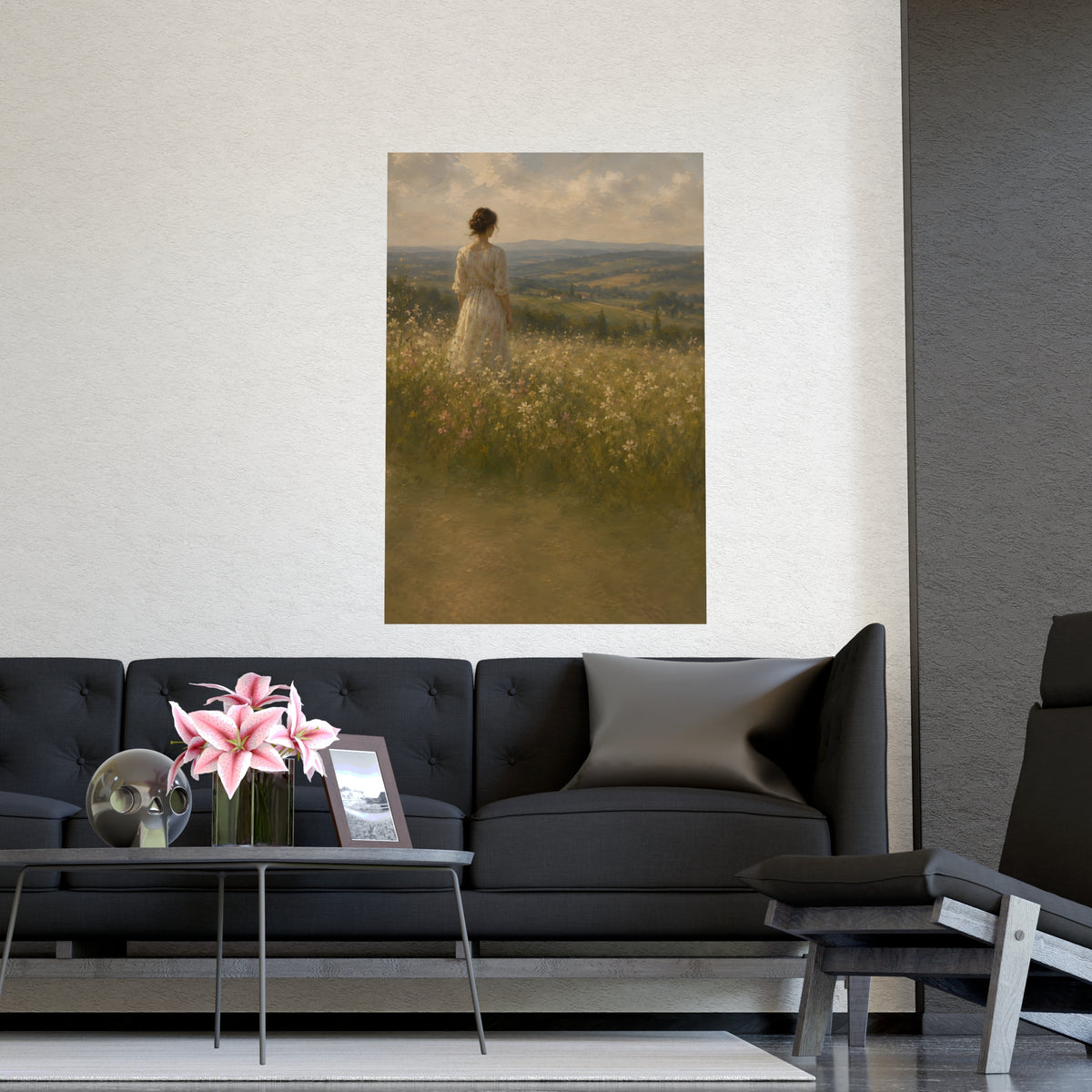 Looking to the Hills — a woman at the edge of a wildflower field looking toward distant hills, shown framed on a wall