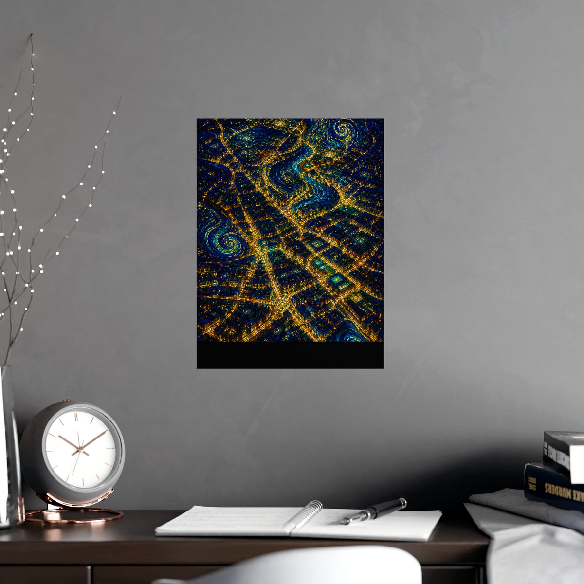 City from Above — city from above, shown framed on a wall