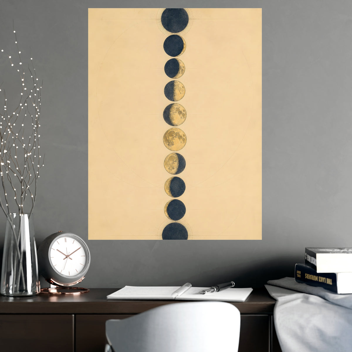 Phases of the Moon — phases of the moon, shown framed on a wall