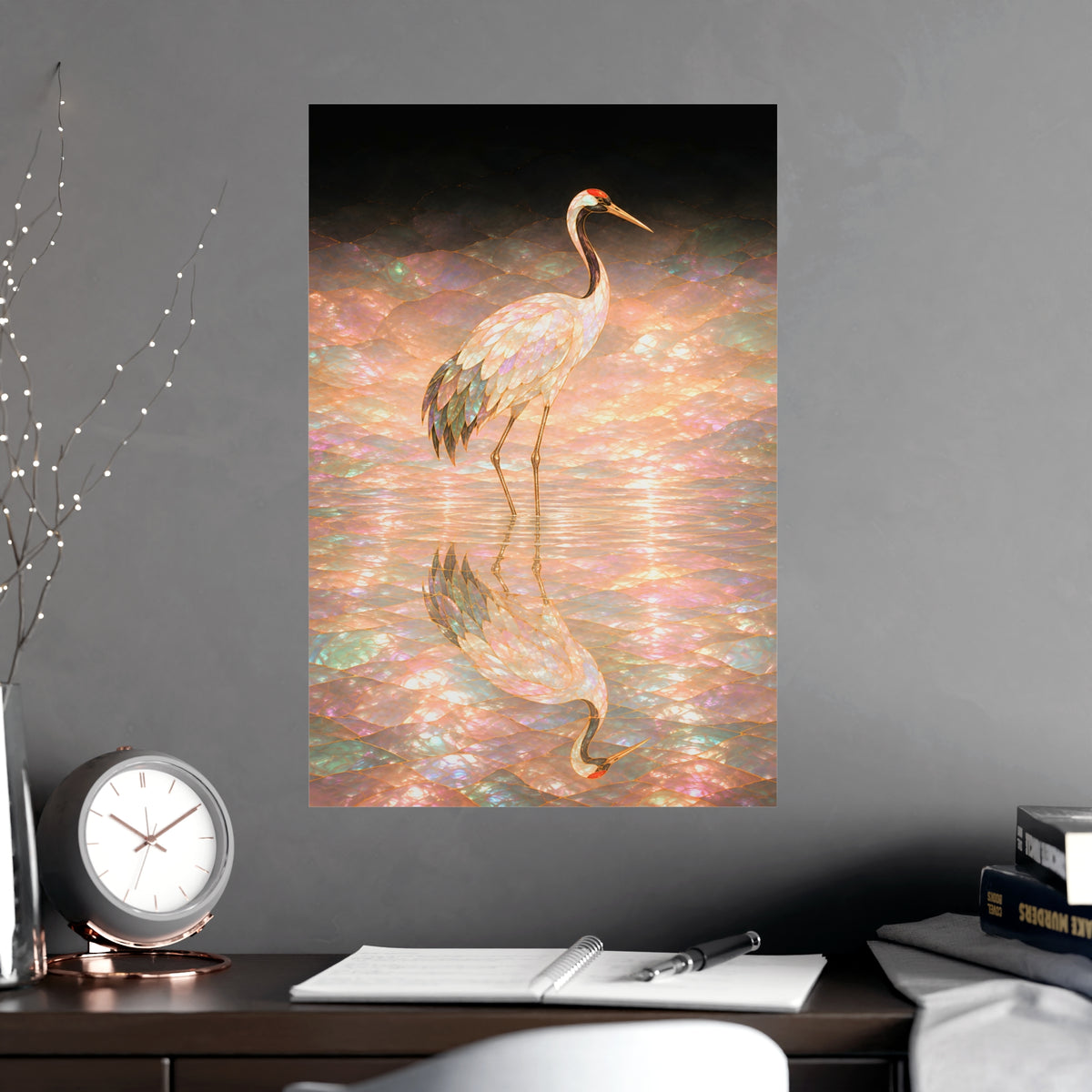 One Crane, Reflected — one crane, reflected, shown framed on a wall