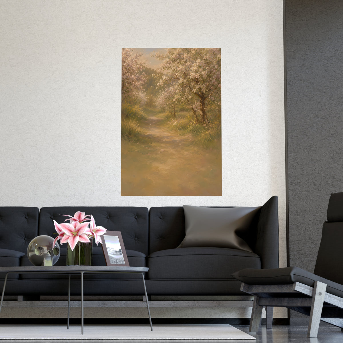 Orchard Path in Spring — a quiet orchard path with blossom drifting, shown framed on a wall