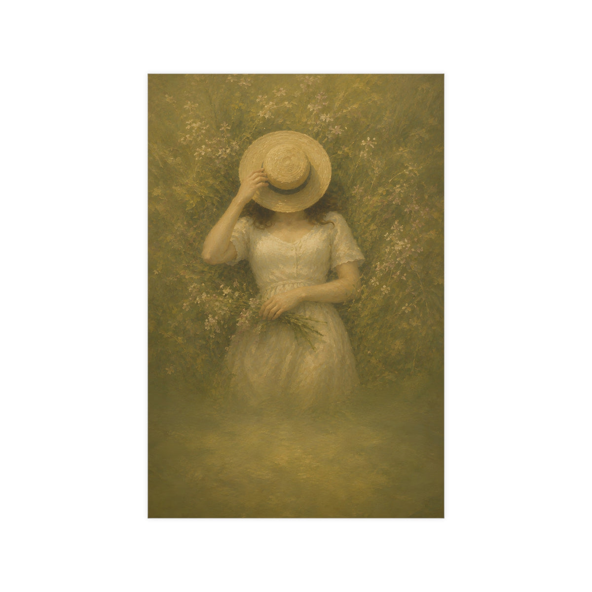 The Straw Hat — a woman lying in long grass seen from directly above, a straw hat laid over her face, 12x18 in print