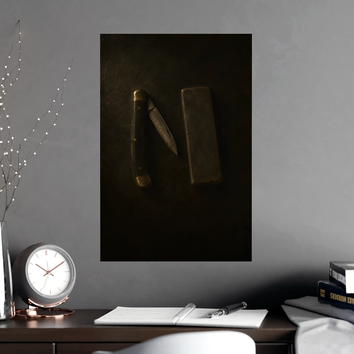 Knife and Whetstone — knife and whetstone, shown framed on a wall