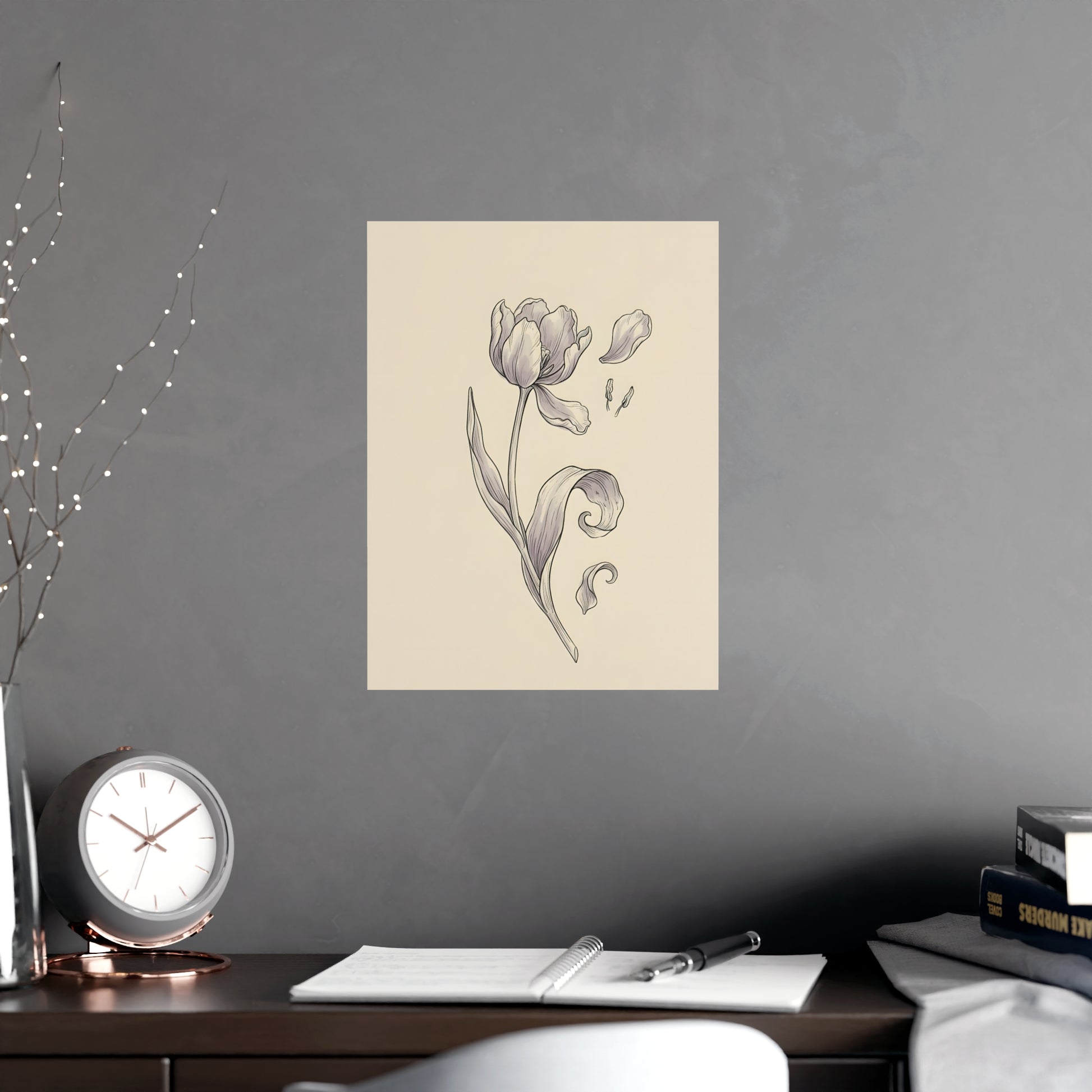 Tulip, Just Past framed on a cream wall in a living room, 12x16 in print
