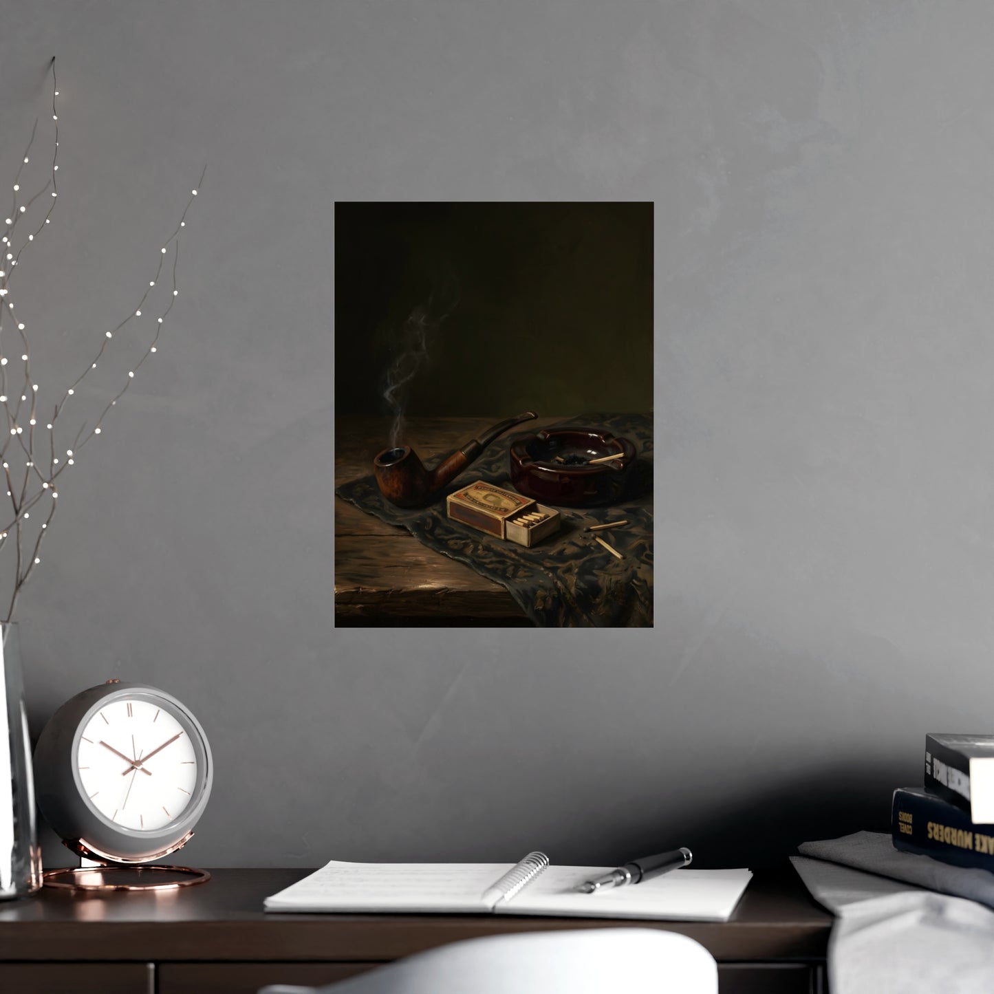Pipe and Matches hung above a sofa with a side table and lilies, 12x18 in print