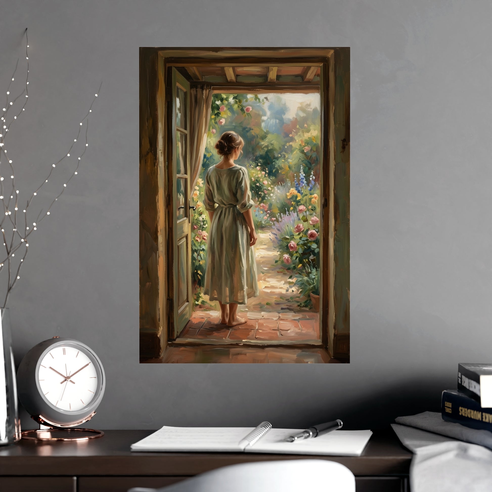 Doorway to the Garden hung on a grey wall above a dark sofa, 16x24 in print
