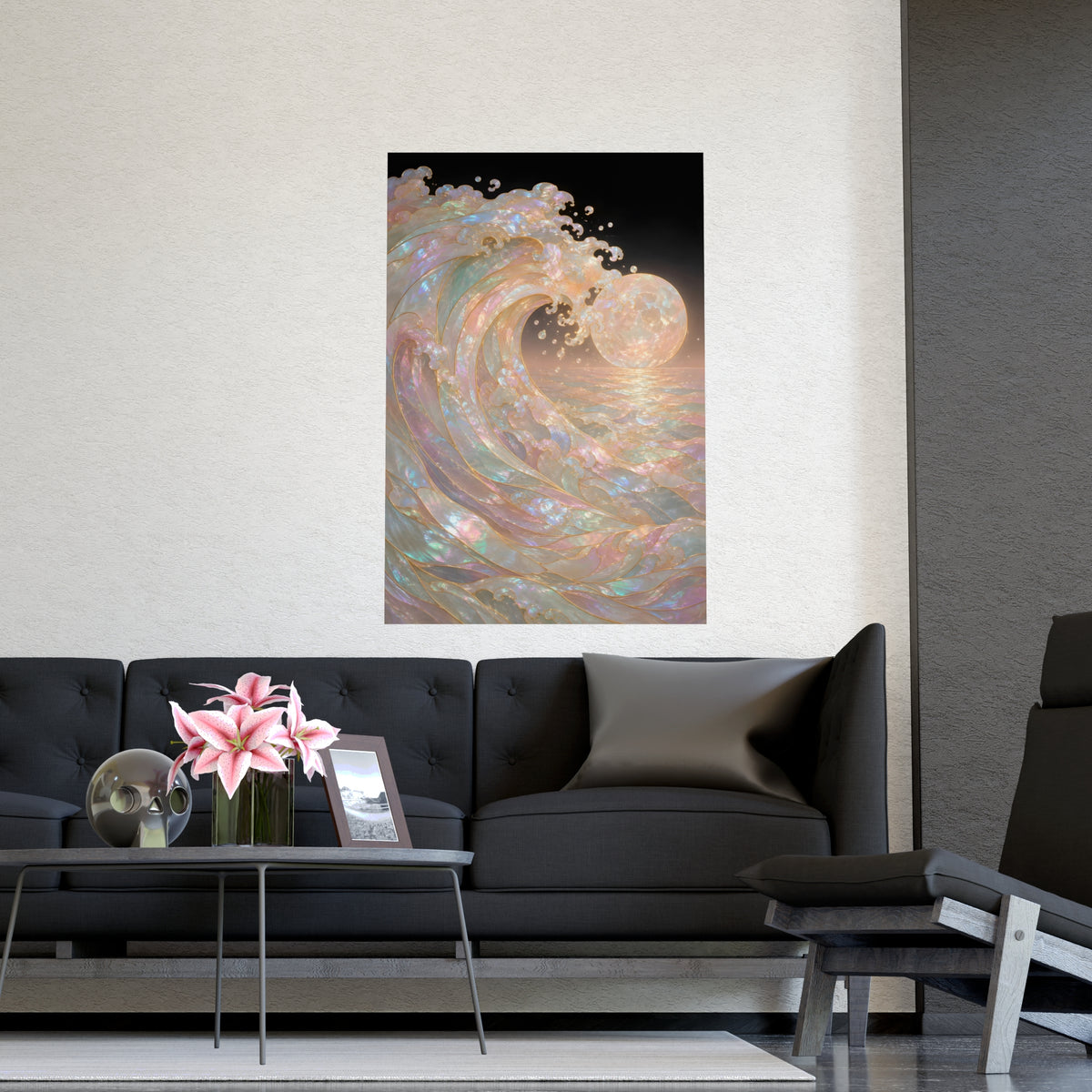 Wave and Moon — wave and moon, shown framed on a wall