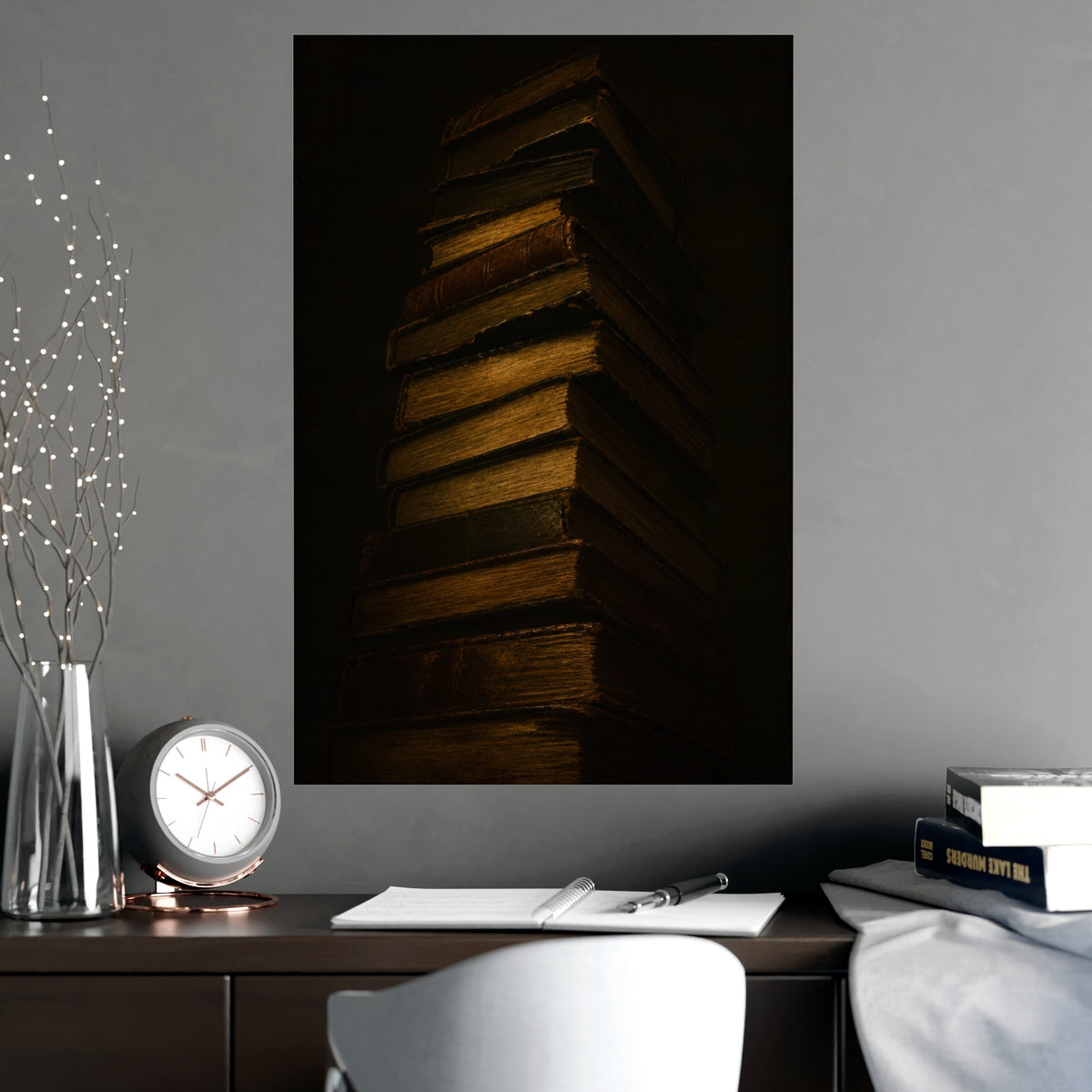 Books, Stacked — books, stacked, shown framed on a wall