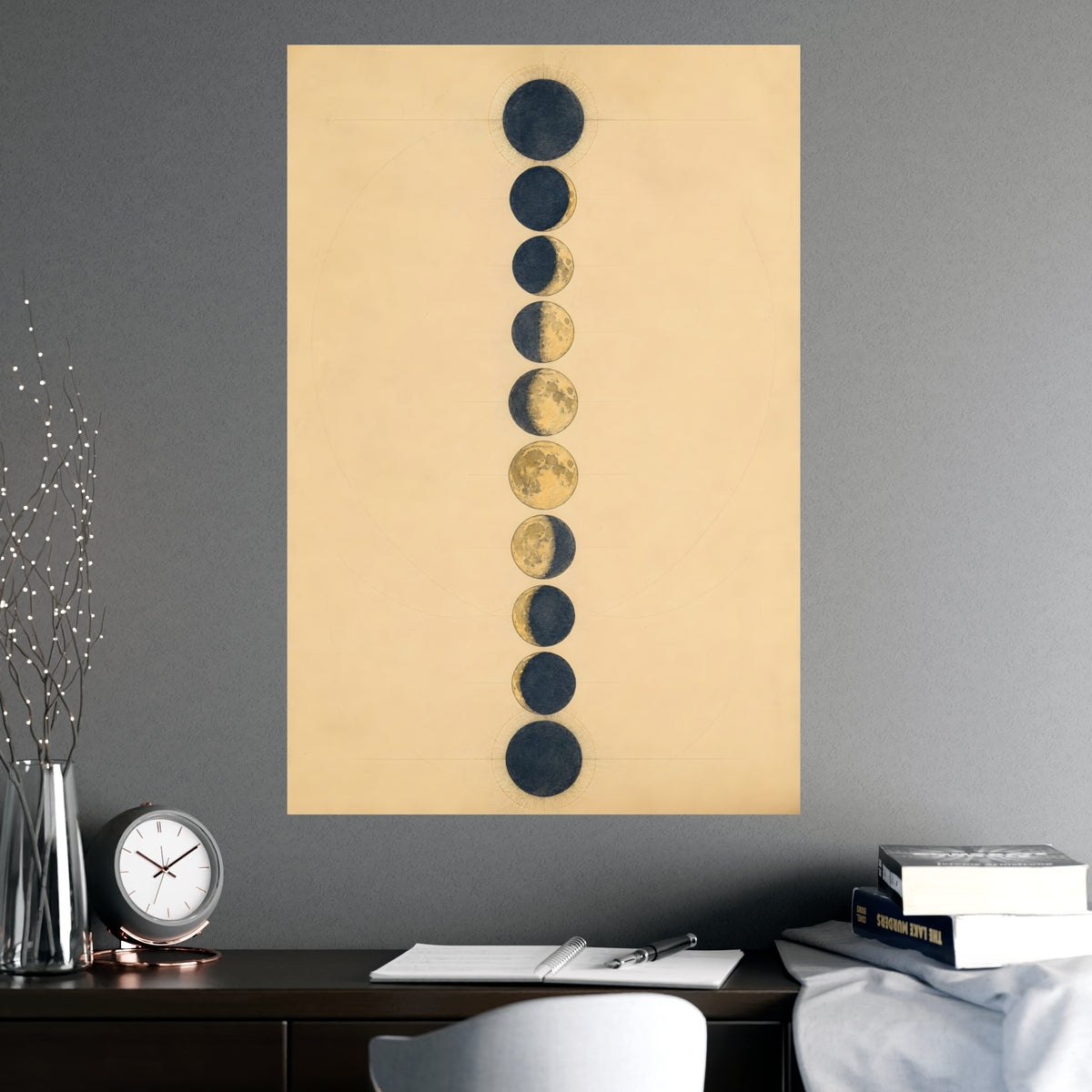 Phases of the Moon — phases of the moon, shown framed on a wall