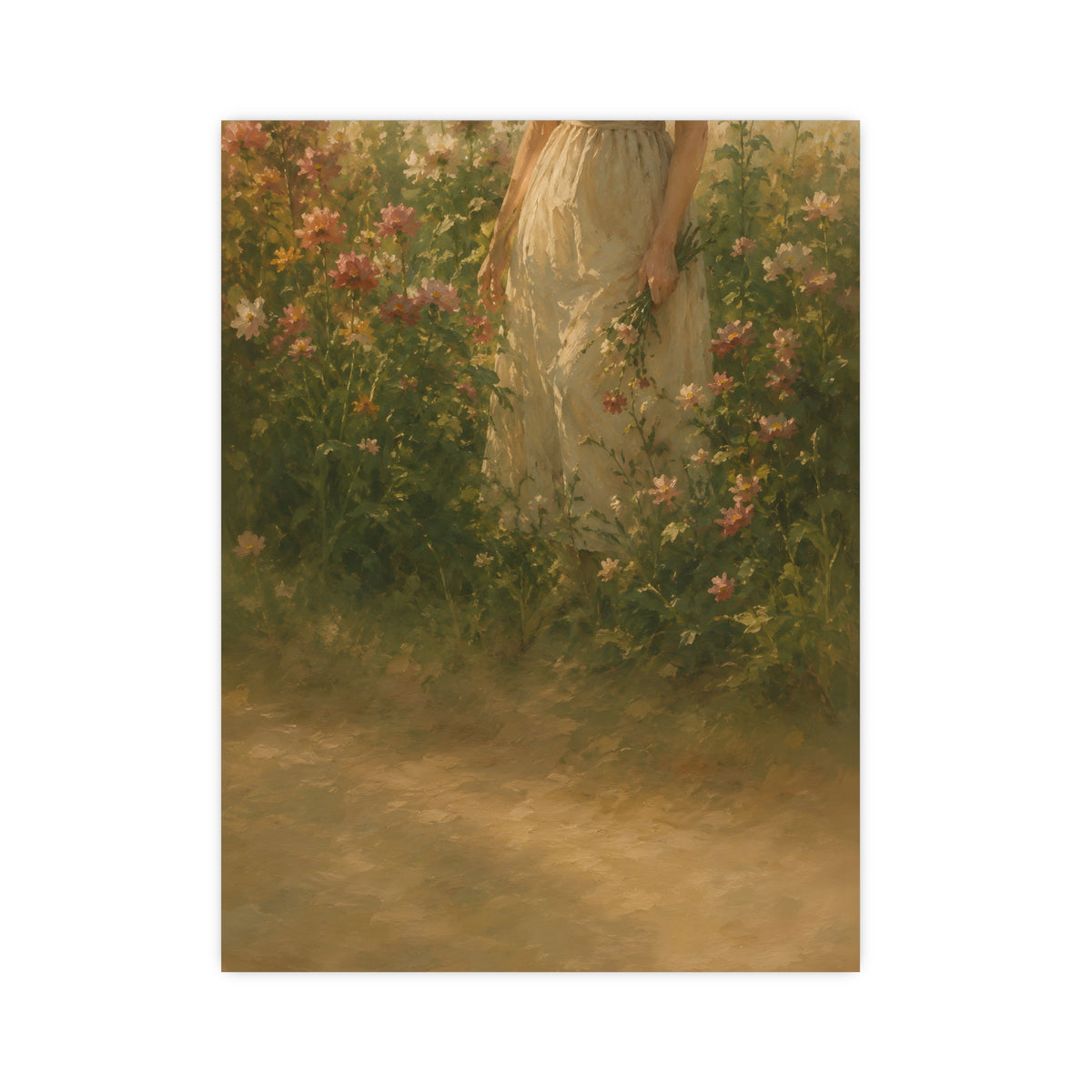 In the Tall Flowers — a woman in a linen dress standing among tall summer flowers, the top of the frame cutting her off at th