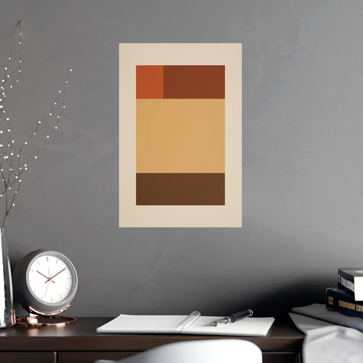 Muted 70s Blocks Retro Wall Art — blocks in a muted 70s palette, shown framed on a wall