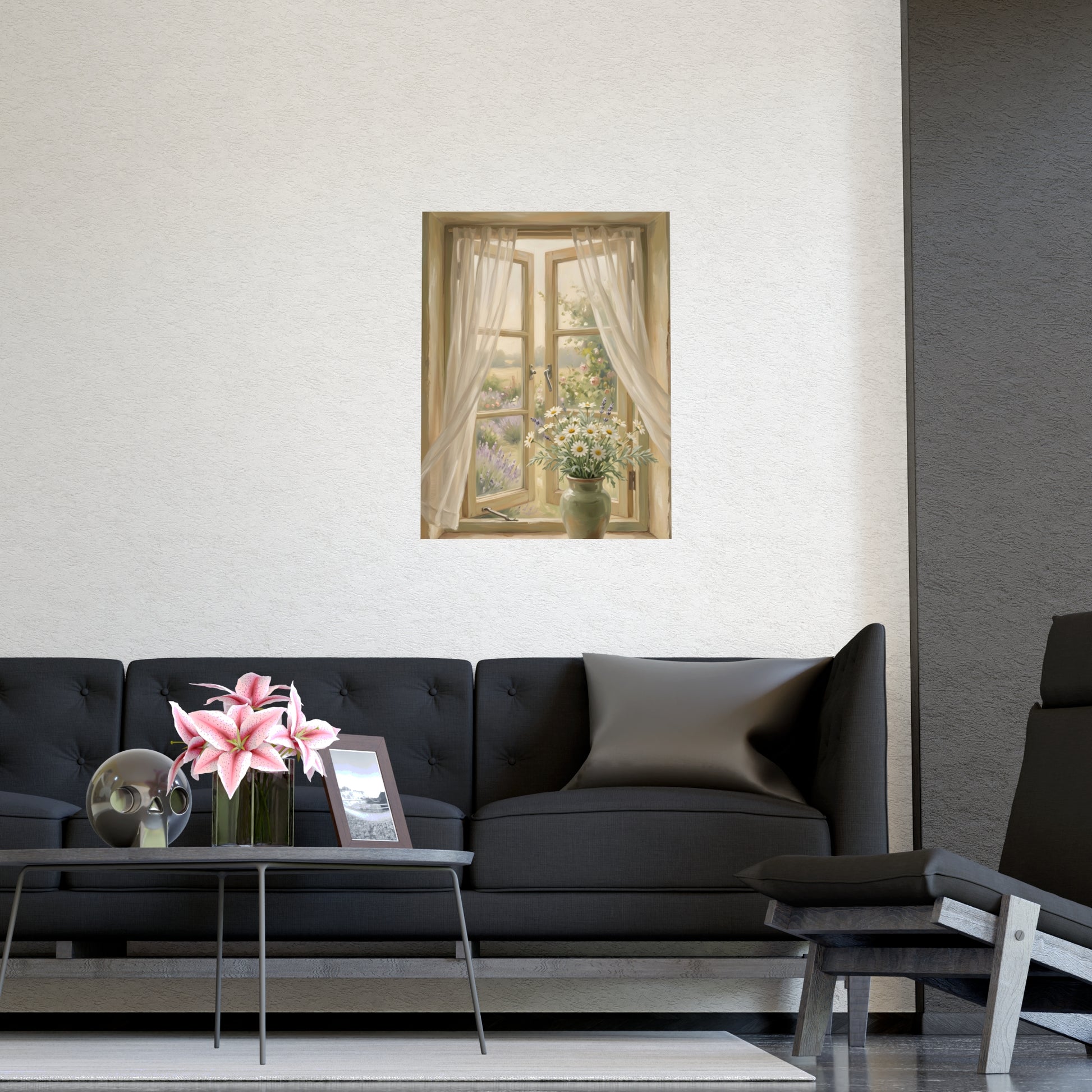 Gemini 04 hung on a grey wall above a dark sofa, 11x17 in print