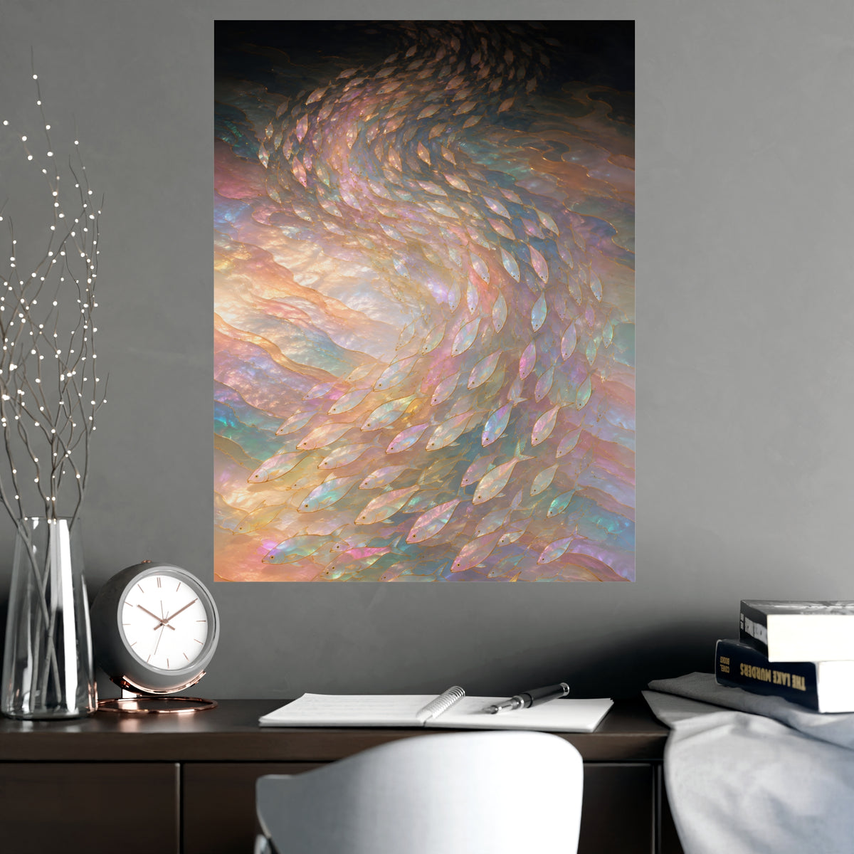 A Shoal, Turning — a shoal, turning, shown framed on a wall