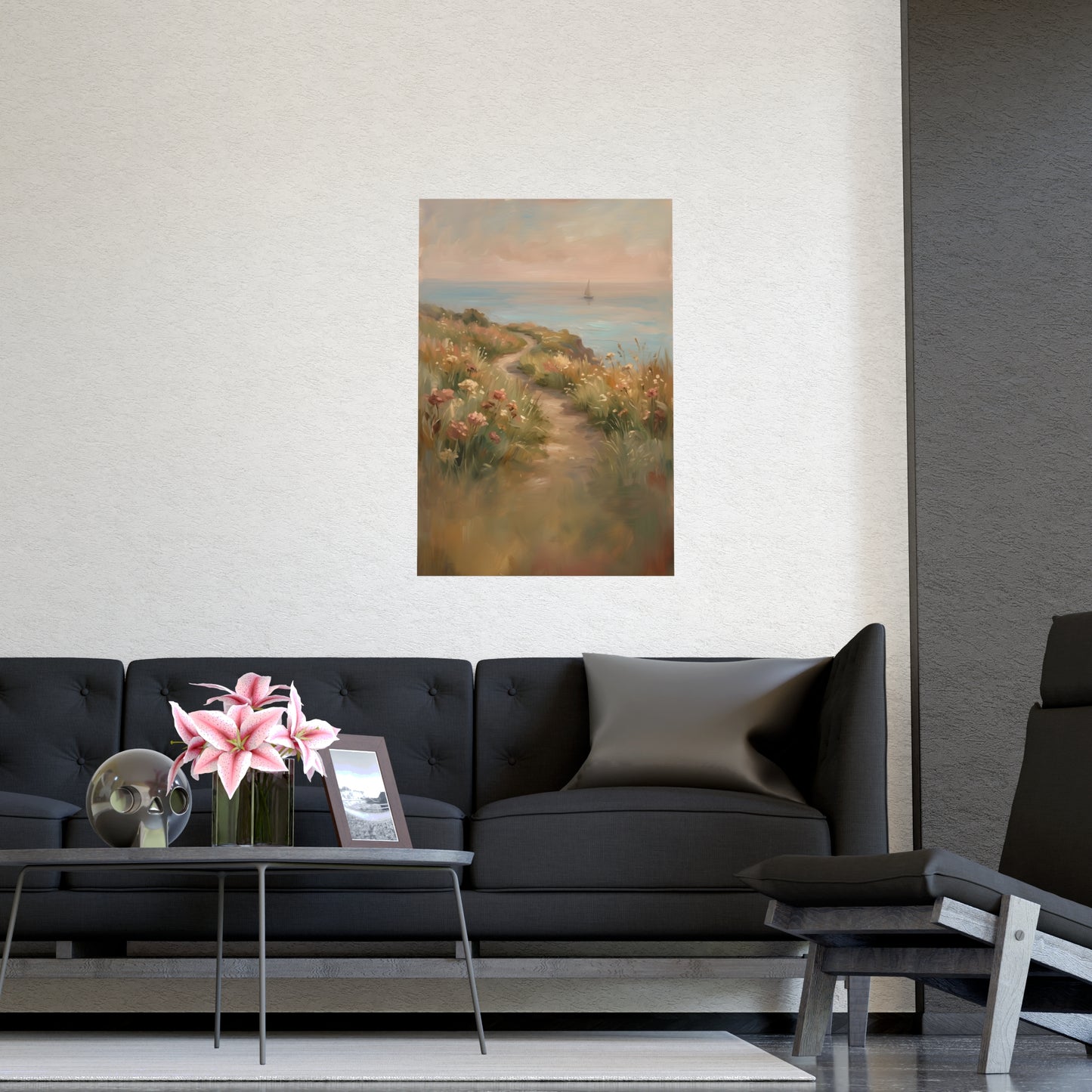 Coast Path hung above a desk with a clock and notebook, 12x18 in print