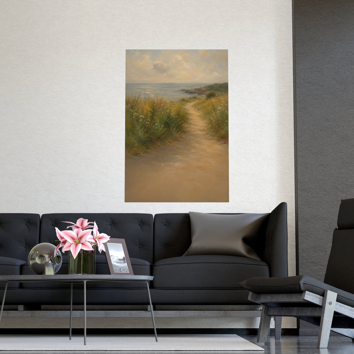Coast Path — a sandy path through wild grasses and sea pinks with a calm sea beyond, shown framed on a wall