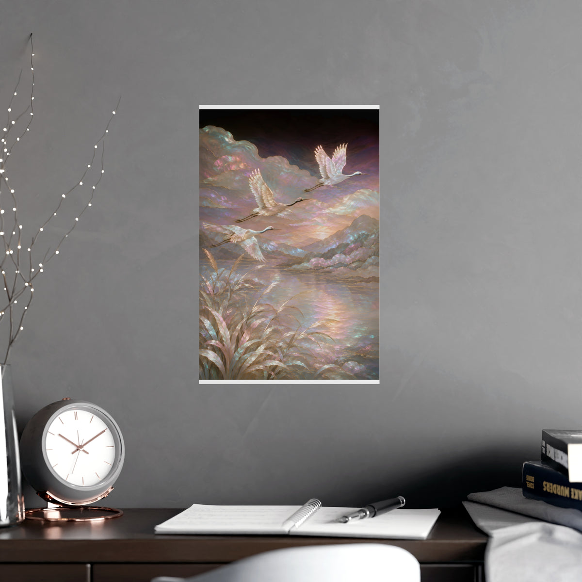 Cranes over Water — cranes over water, shown framed on a wall