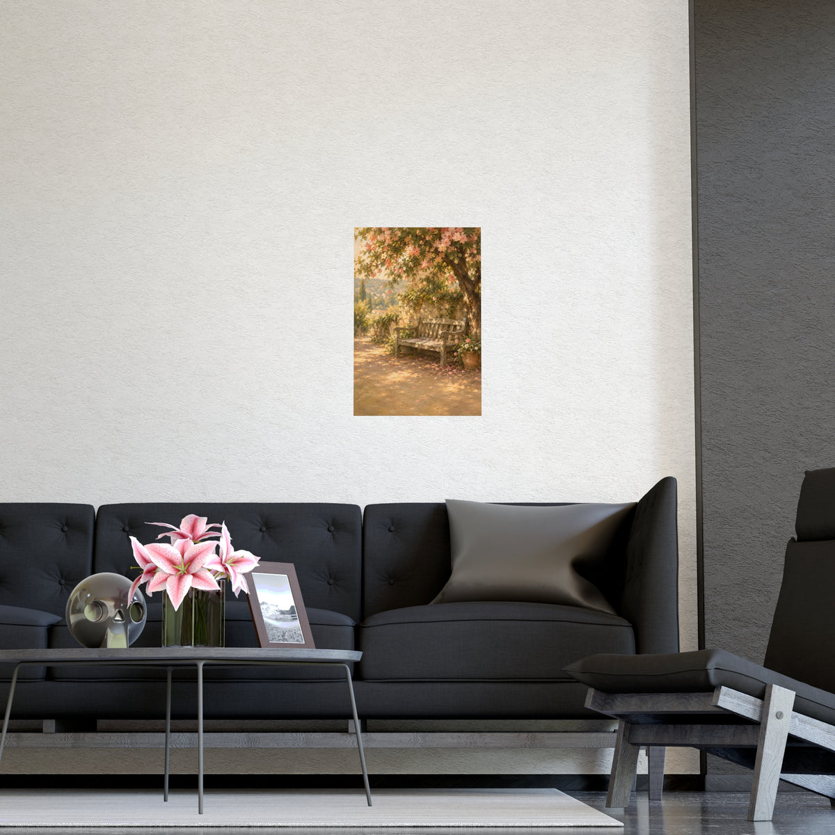 Bench Under Blossom — a weathered wooden bench under a flowering tree in a quiet garden, shown framed on a wall
