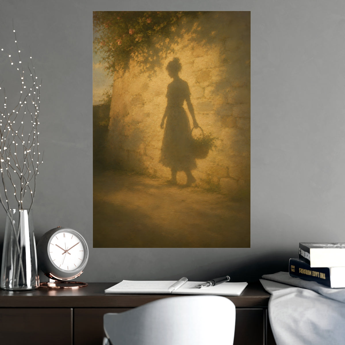 Her Shadow on the Wall — the long shadow of a woman carrying a basket, cast across a sunlit stone wall, shown framed on a wal